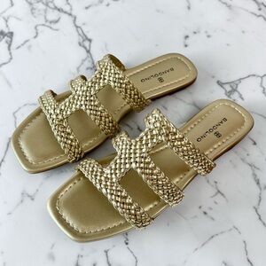 Bandolino Braided Metallic Gold Flat Slides / Sandals Womens Sz 7 Square Toe NEW